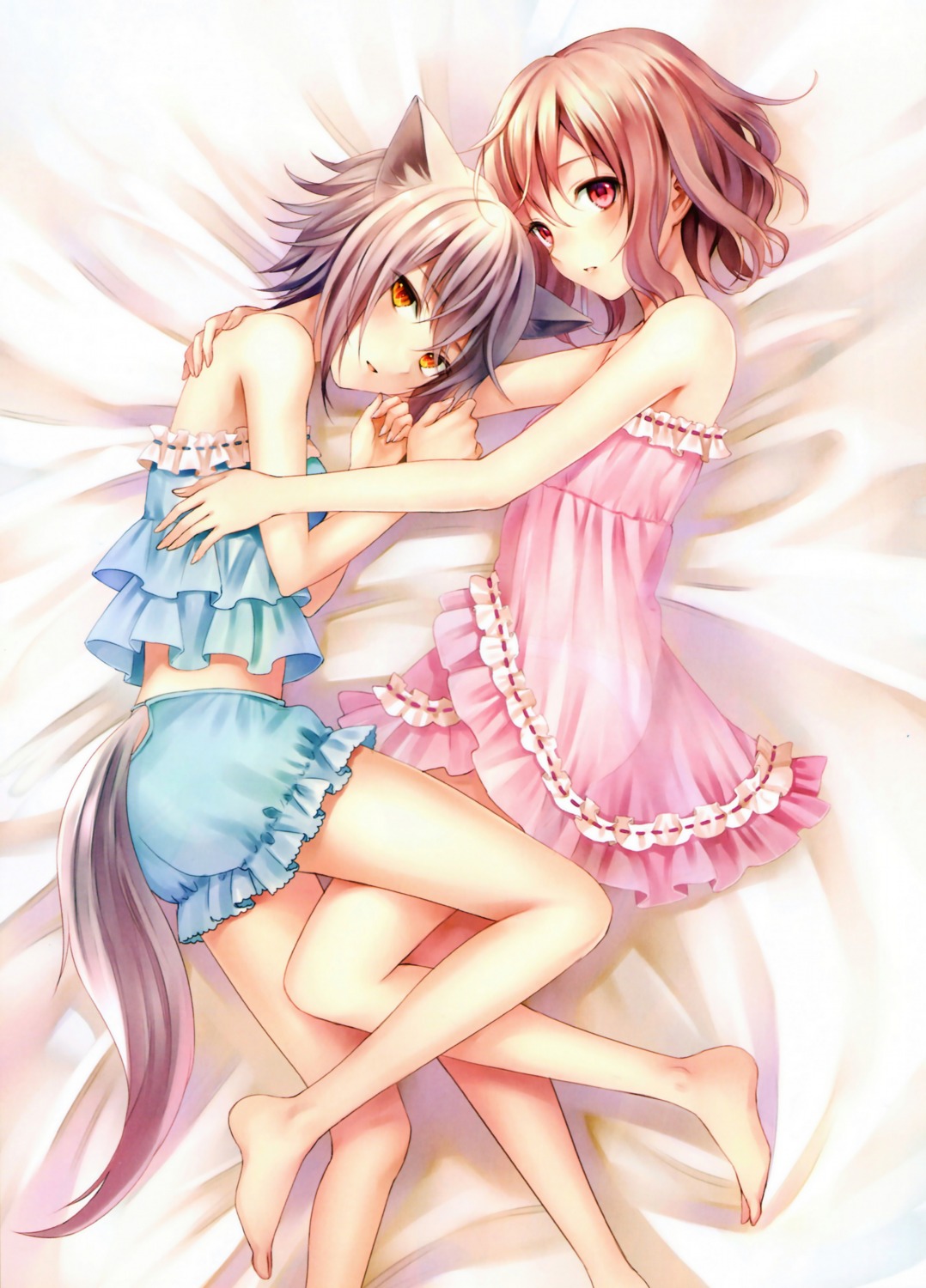 animal_ears, compile_heart, fia_(monster_monpiece), fukahire, genkai_tokki_monster_monpiece, kitsune, lingerie, mei_esperio, tail, yuri