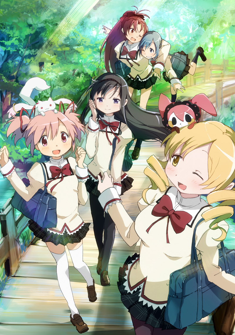 akemi_homura, charlotte_(madomagi), kaname_madoka, kyubey, mahou_shoujo_madoka_magica, miki_sayaka, pantyhose, seifuku