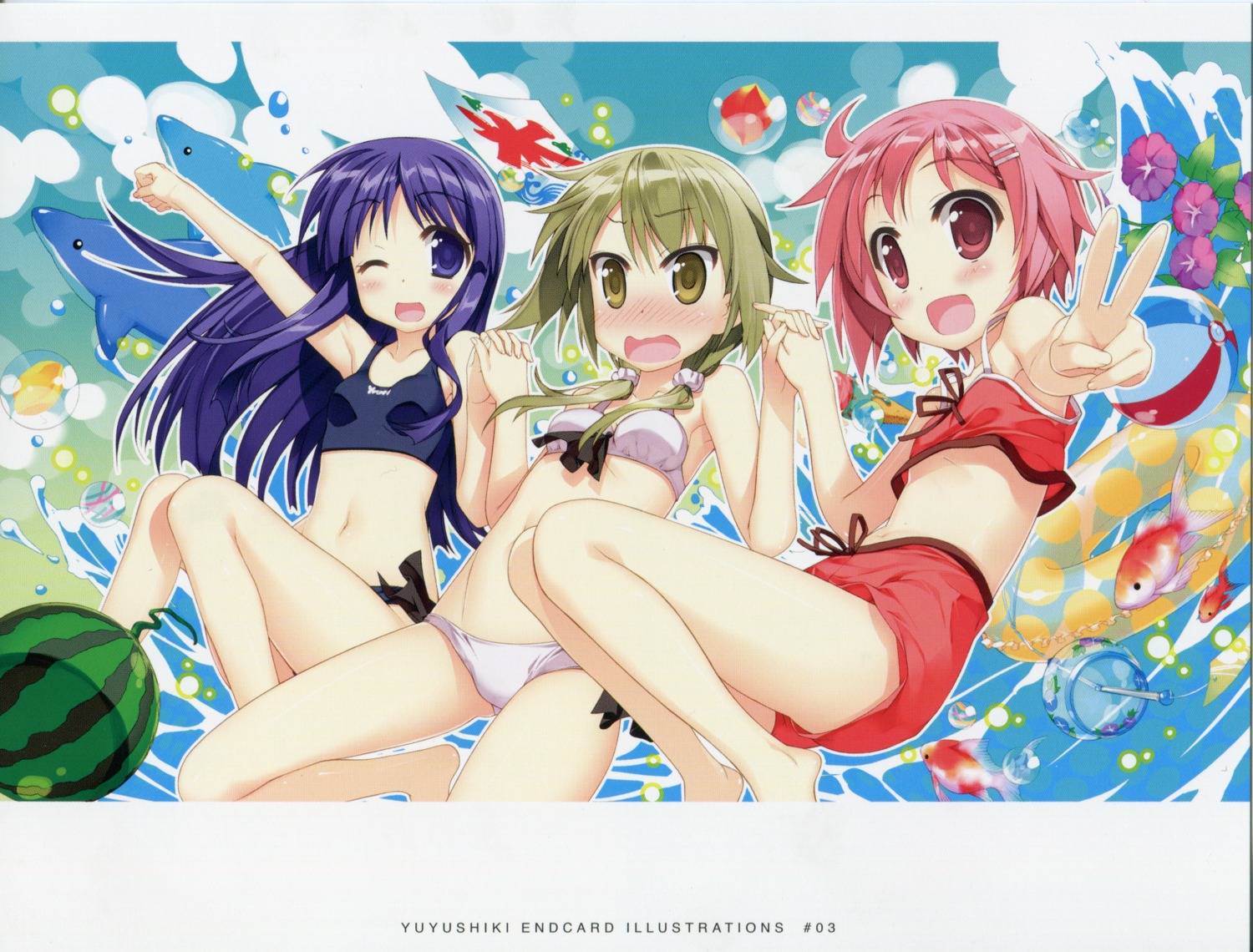 bikini, endcard, fujima_takuya, hinata_yukari, ichii_yui, nonohara_yuzuko, swimsuits, yuyushiki