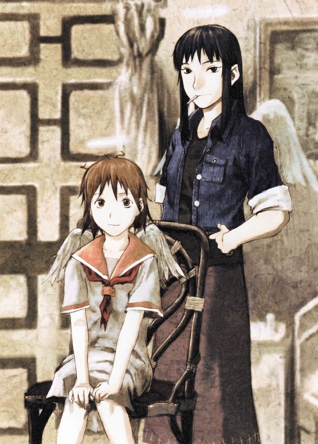 abe_yoshitoshi, haibane_renmei, rakka, reki_(haibane_renmei), smoking, wings