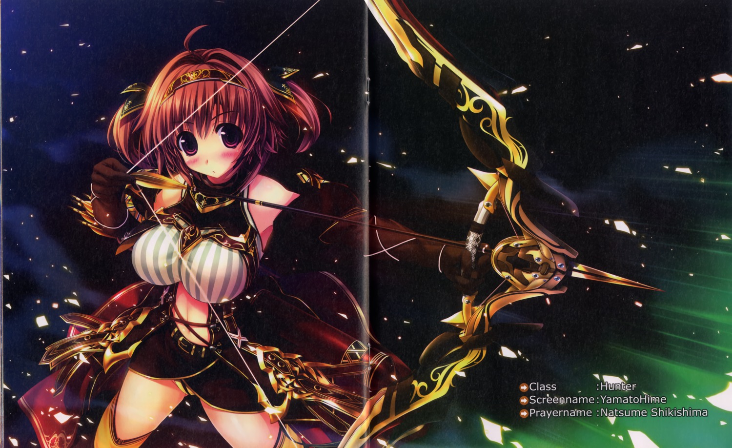 binding_discoloration, oshiki_hitoshi, paper_texture, sakigake_generation!, shikishima_natsume, thighhighs, weapon