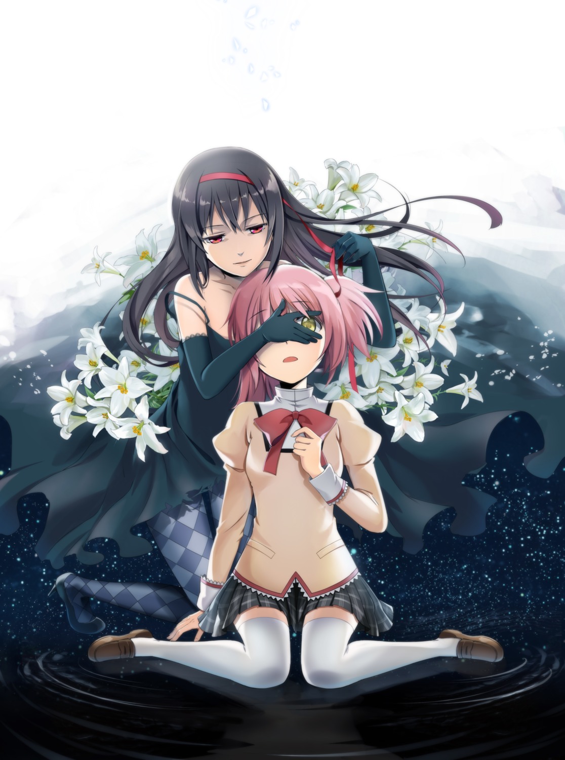 adope, akemi_homura, kaname_madoka, mahou_shoujo_madoka_magica, thighhighs