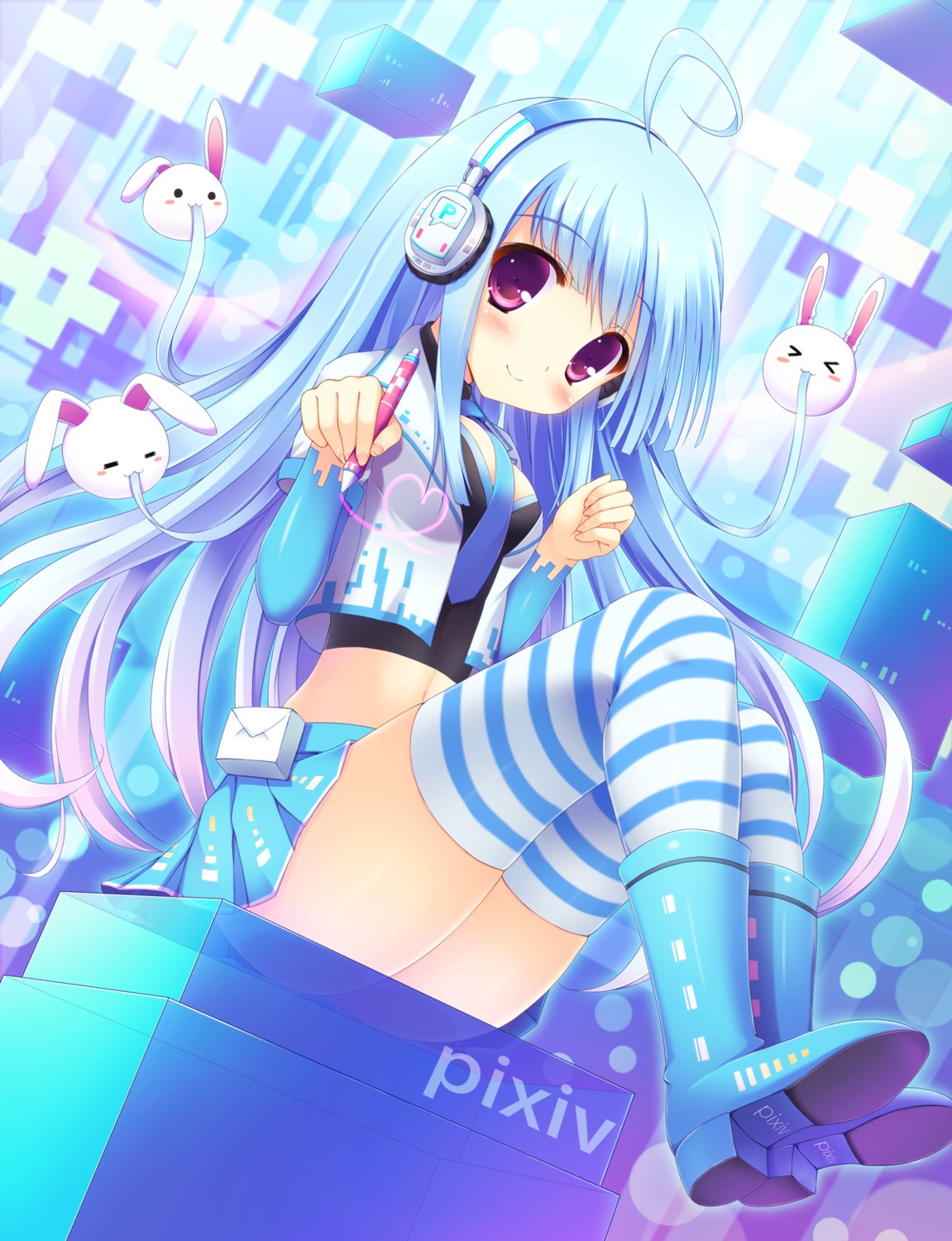 headphones, pixiv-tan, taiki_ken, thighhighs