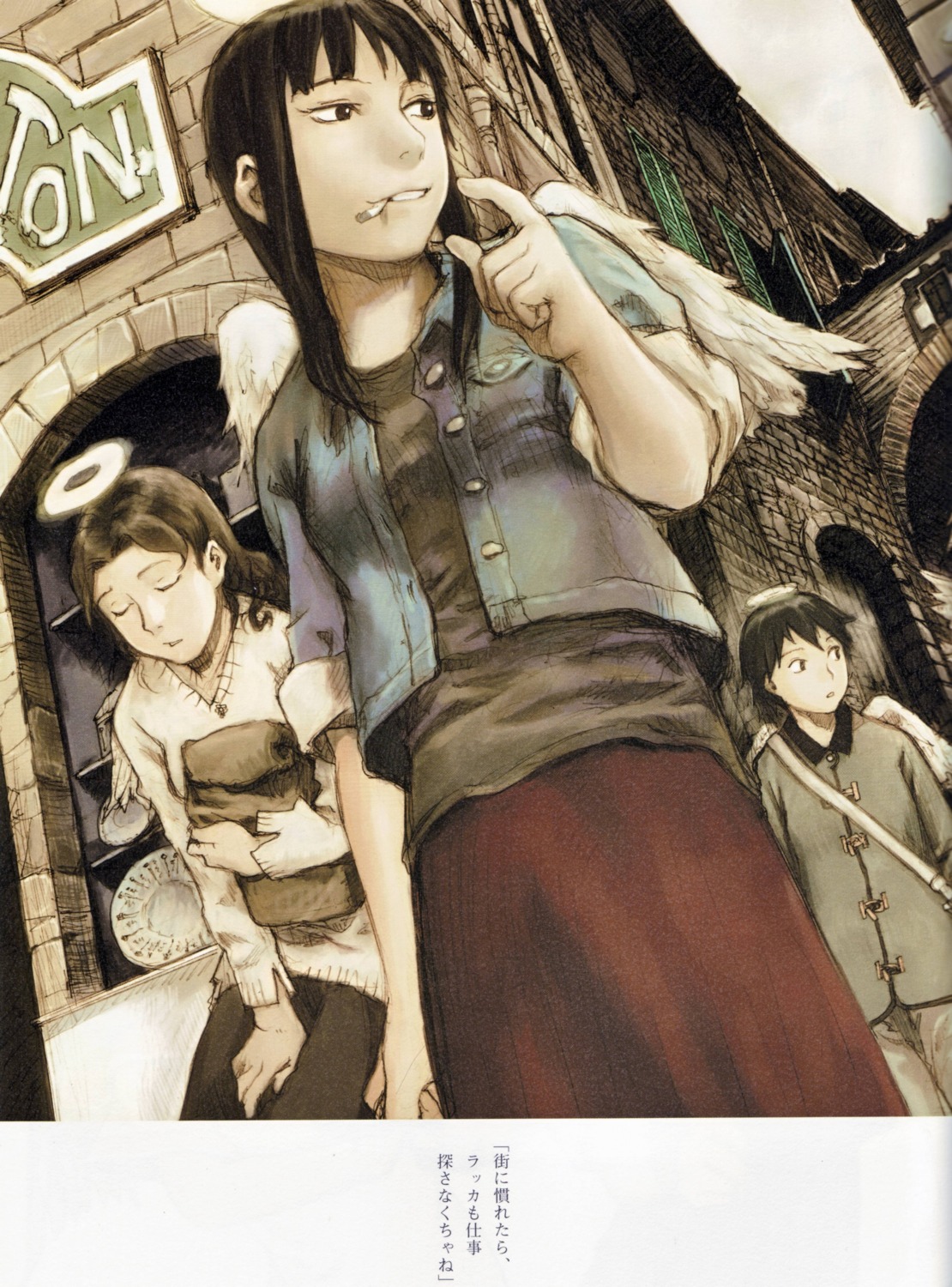 abe_yoshitoshi, haibane_renmei, kana_(haibane_renmei), nemu, reki_(haibane_renmei), smoking, wings