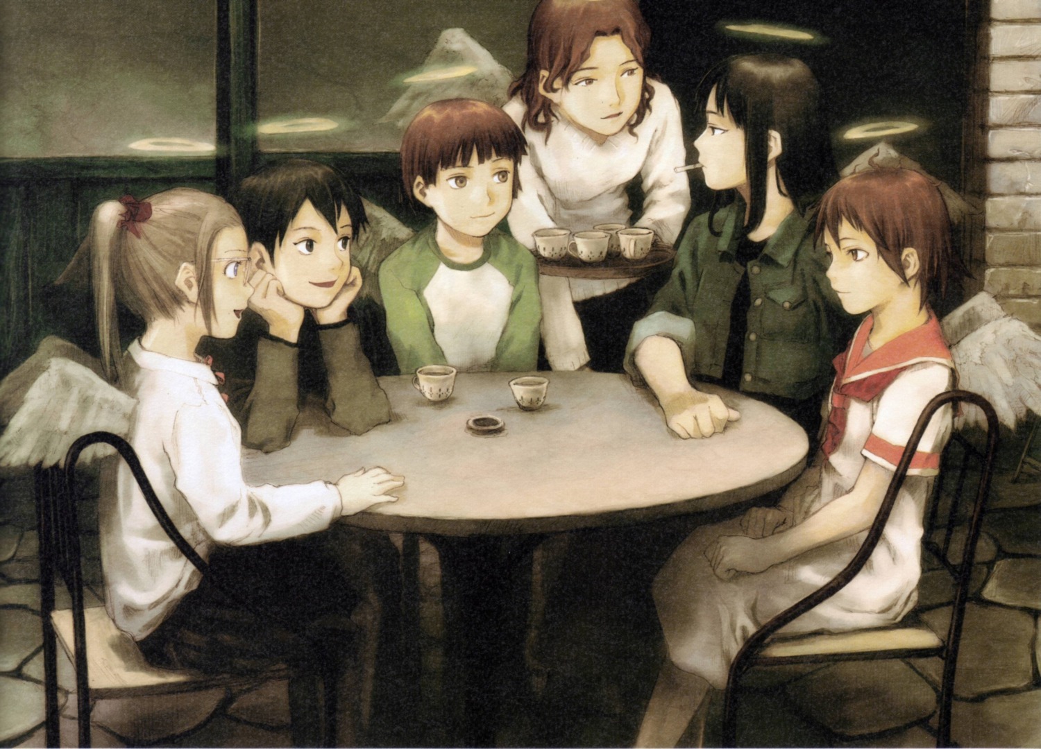 abe_yoshitoshi, haibane_renmei, hikari_(haibane_renmei), kana_(haibane_renmei), kuu_(haibane_renmei), megane, nemu, rakka, reki_(haibane_renmei), wings