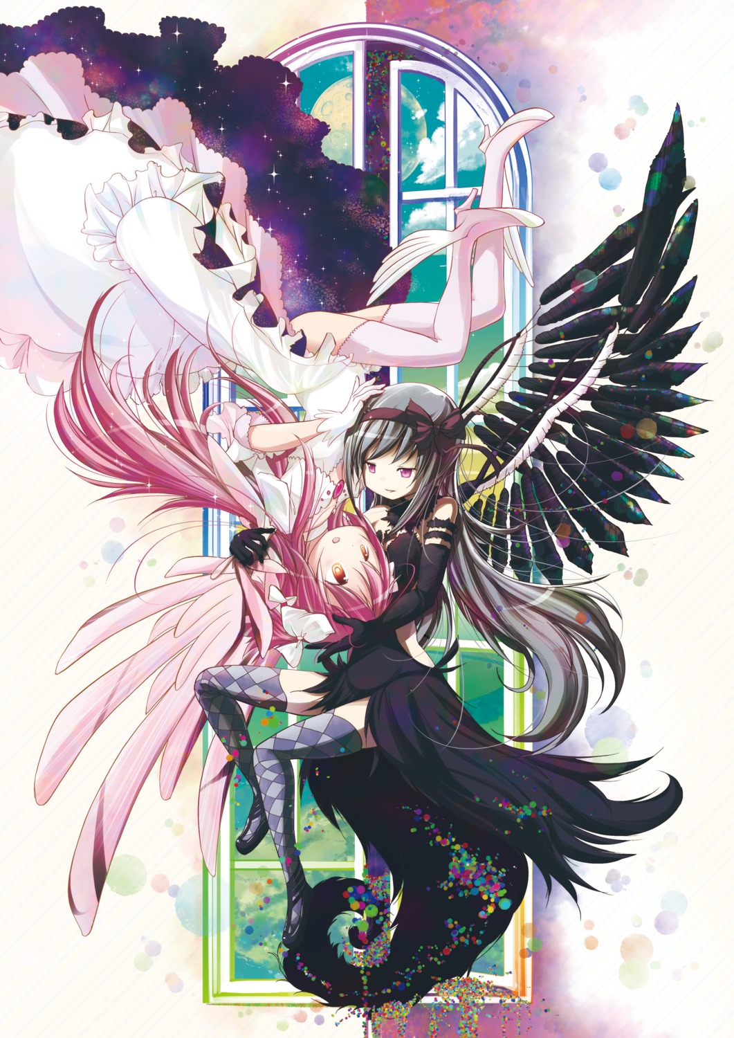 akemi_homura, chauke, dress, kaname_madoka, mahou_shoujo_madoka_magica, thighhighs, ultimate_madoka, wings