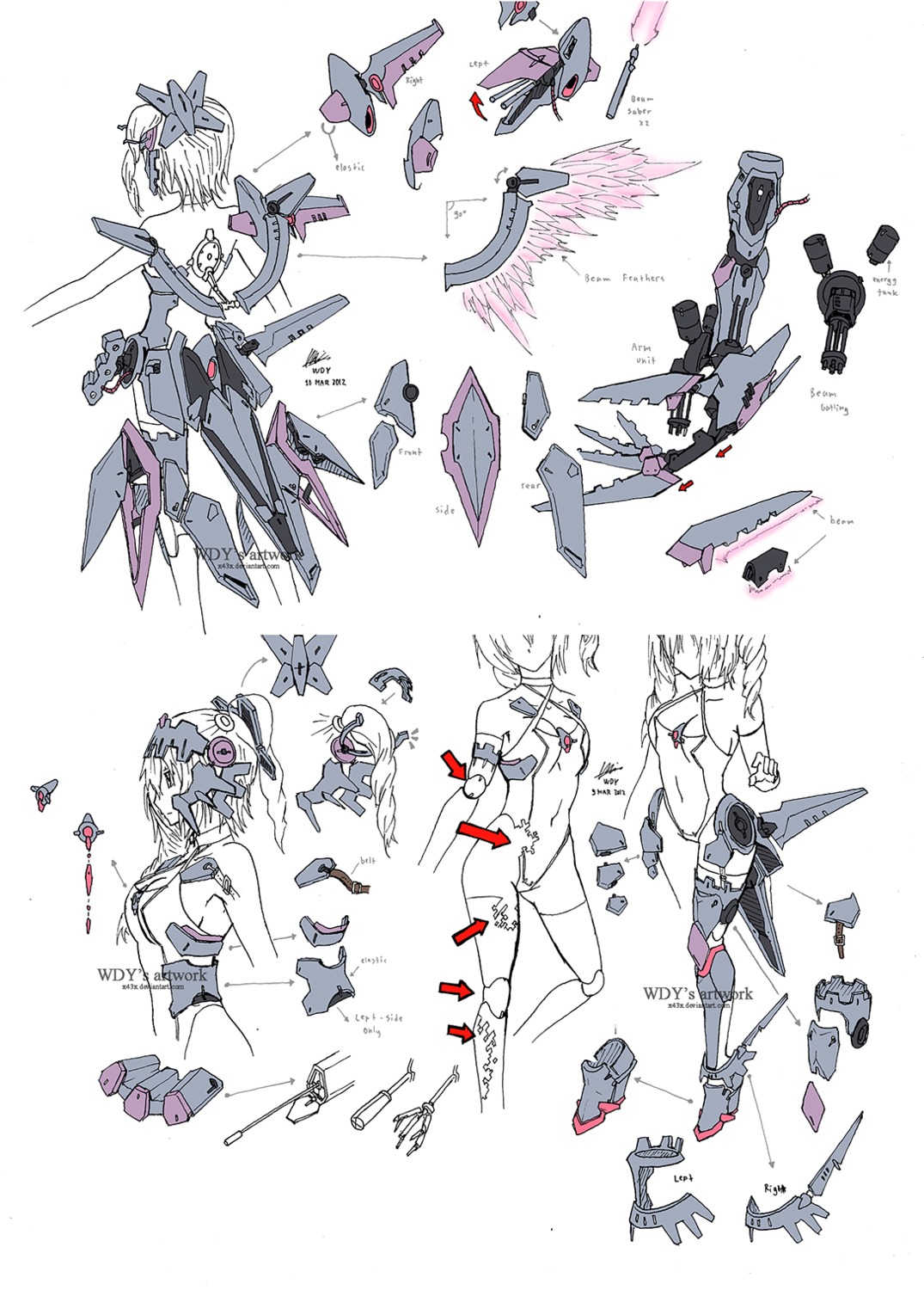 armor, cleavage, gun, leotard, mecha_musume, sword, thighhighs, torn_clothes, watermark, wdy1000, weapon, wings