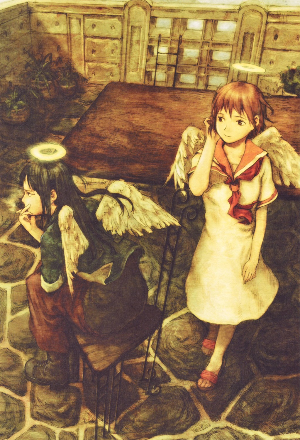 abe_yoshitoshi, haibane_renmei, rakka, reki_(haibane_renmei), sepia, wings