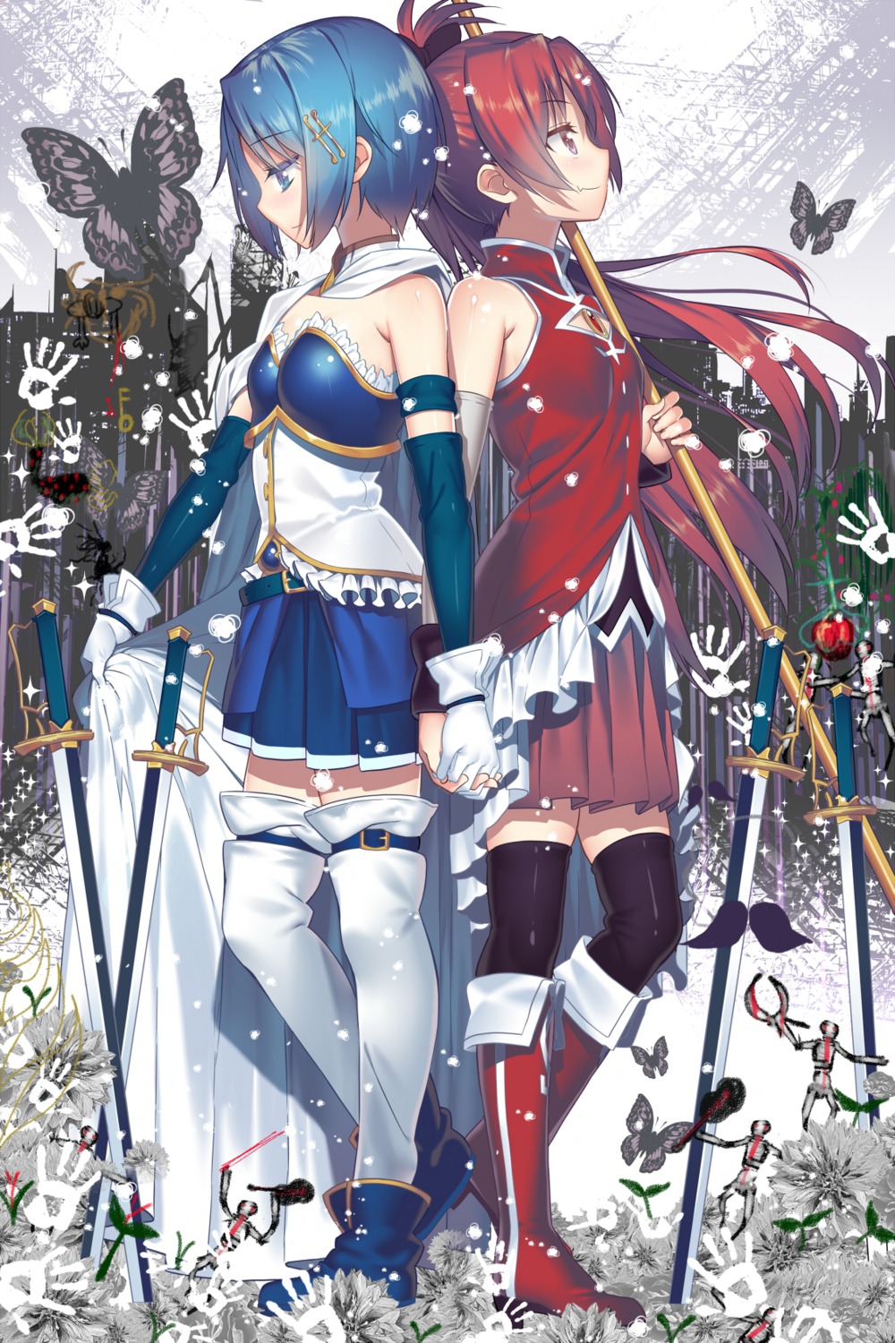 hullabaloo, mahou_shoujo_madoka_magica, miki_sayaka, sakura_kyouko, sword, thighhighs