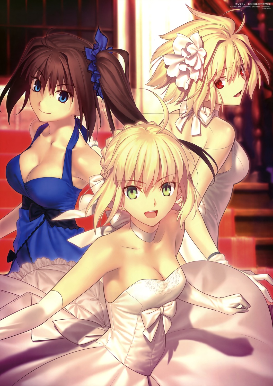 aozaki_aoko, arcueid_brunestud, artoria_pendragon_(fate), cleavage, dress, fate/stay_night, koyama_hirokazu, mahou_tsukai_no_yoru, takeuchi_takashi, tsukihime, type-moon