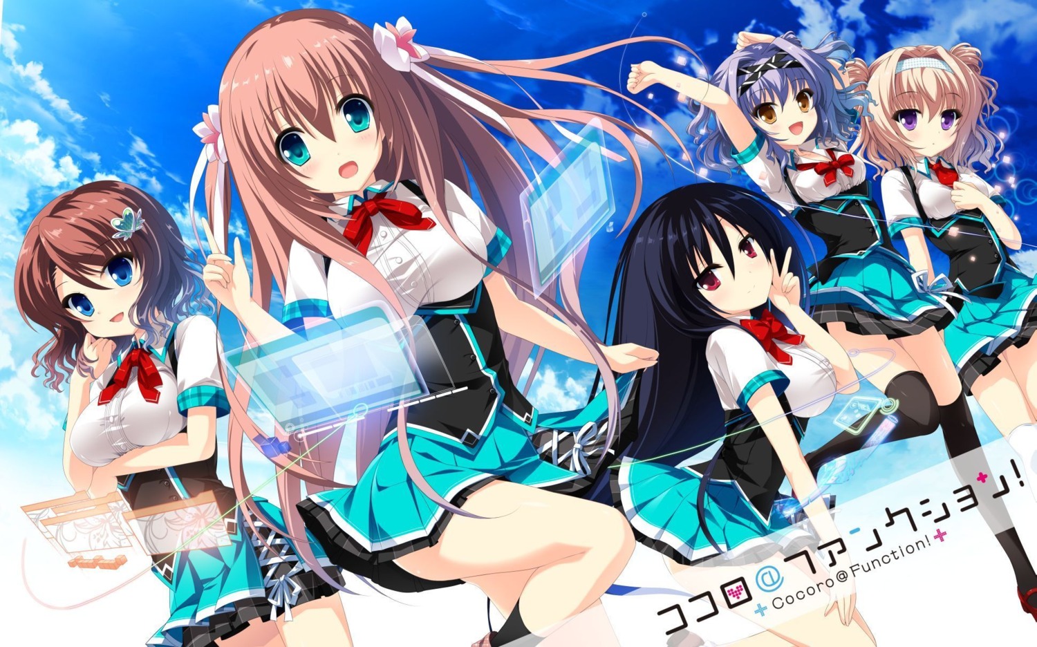 cocoro@function!, hasugase_mina, hayami_asagao, hinata_momo, motoi_ayumu, pulltop, seifuku, shirakusa_ibuki, shirakusa_mebae, wallpaper, yuzuriha_hijiri