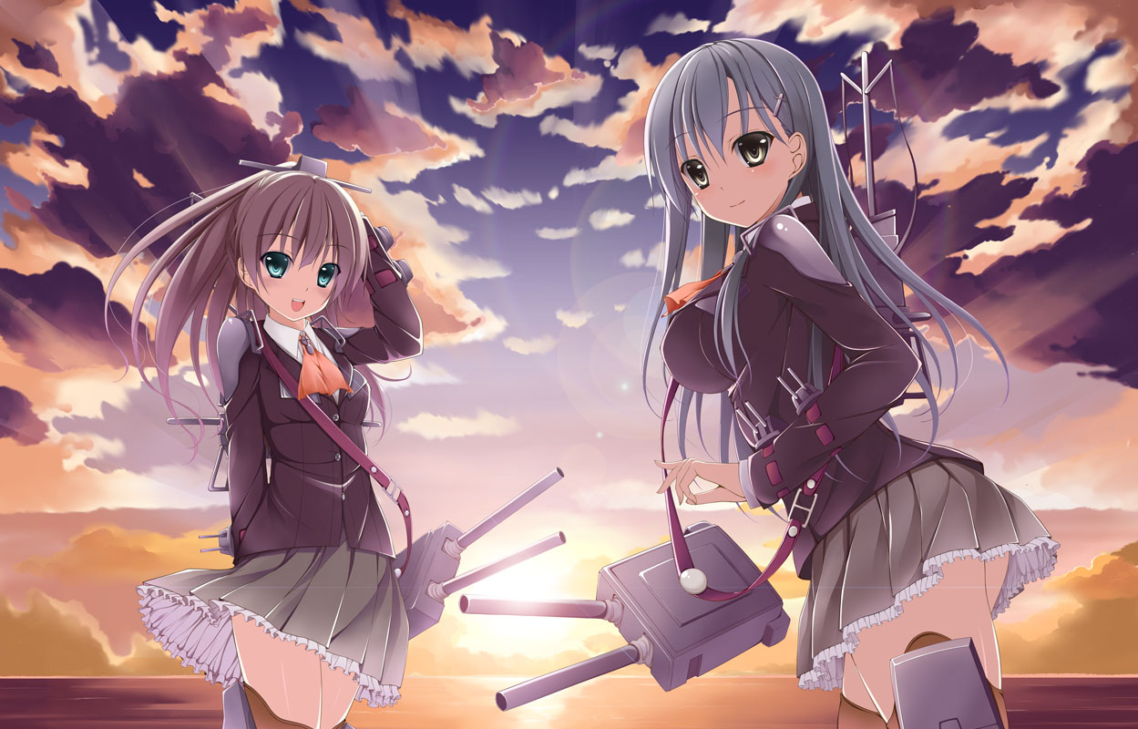 kantai_collection, kumano_(kancolle), seifuku, suzuya_(kancolle), thighhighs, tomosuke