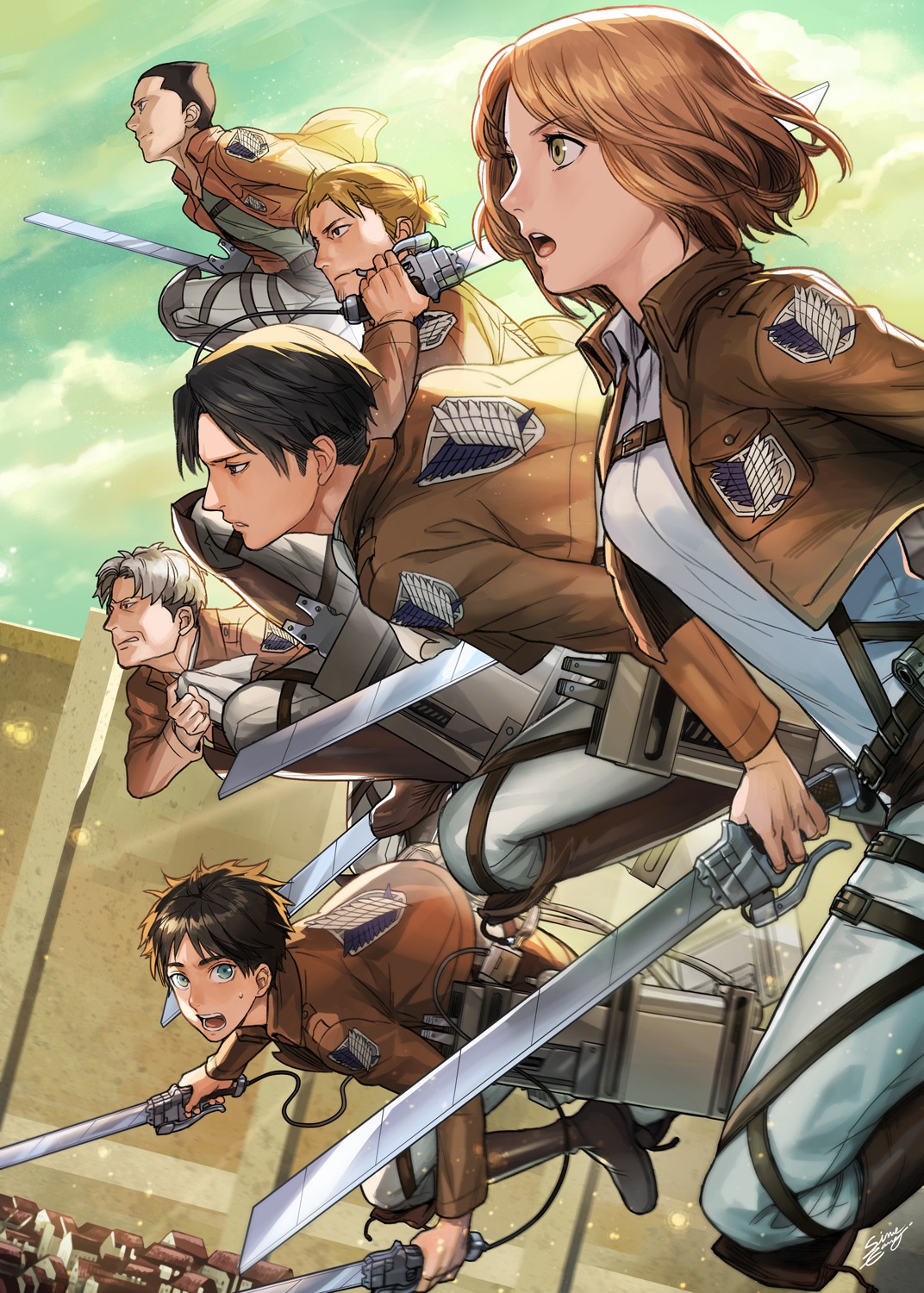 auruo_bossard, erd_gin, eren_jaeger, gunter_shulz, levi_ackerman, petra_ral, shingeki_no_kyojin, sine, sword