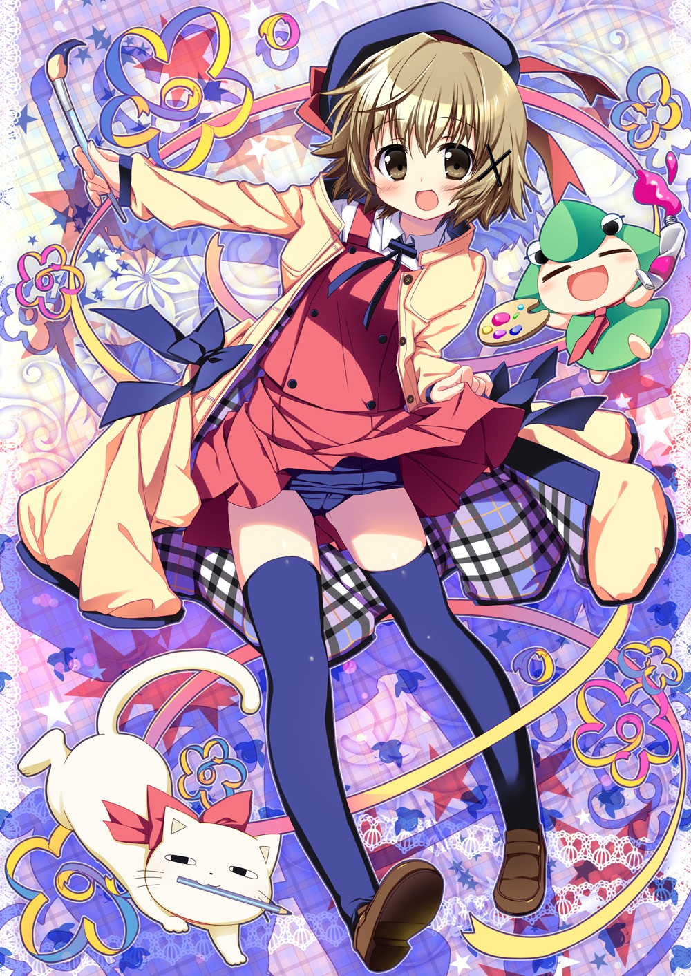 hidamari_sketch, nagayama_yuunon, school_swimsuit, seifuku, skirt_lift, swimsuits, thighhighs, yuno