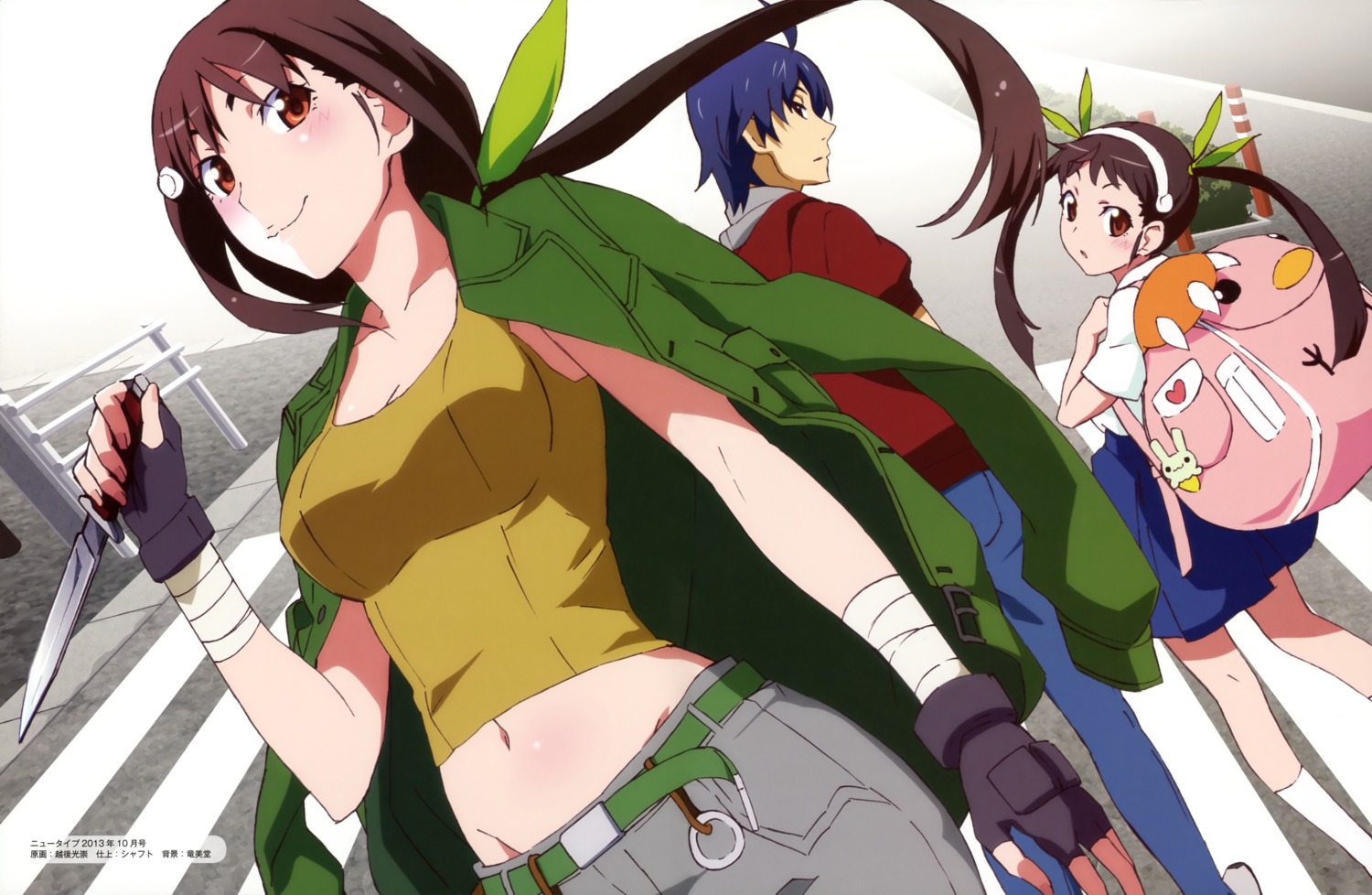 araragi_koyomi, bakemonogatari, bandages, echigo_mitsutaka, hachikuji_mayoi, monogatari_(series), weapon