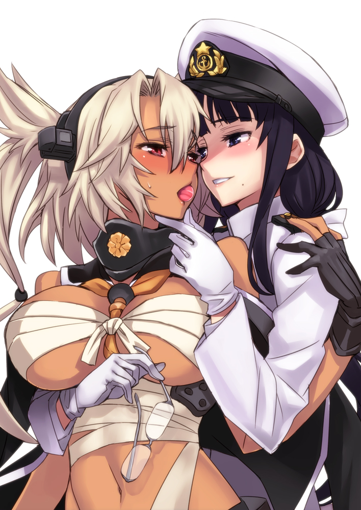 bandages, female_admiral_(kancolle), kantai_collection, matsuryuu, musashi_(kancolle), sarashi, yuri