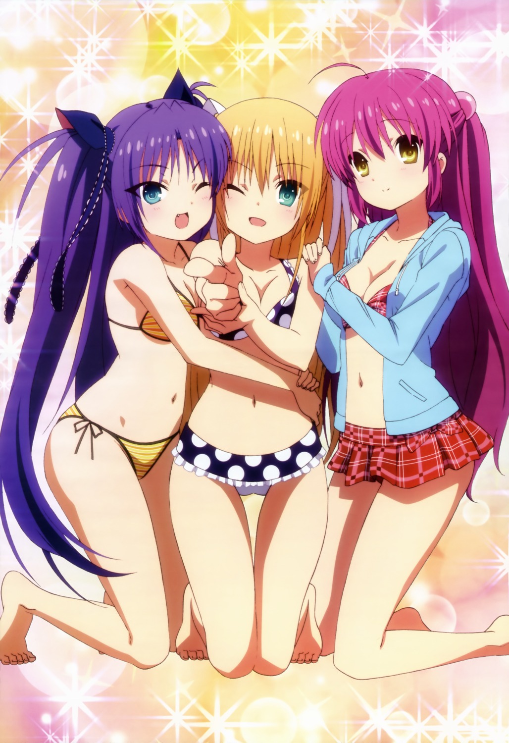 bikini, cleavage, futaki_kanata, little_busters!, open_shirt, sakamoto_tetsuya, sasasegawa_sasami, swimsuits, tokido_saya