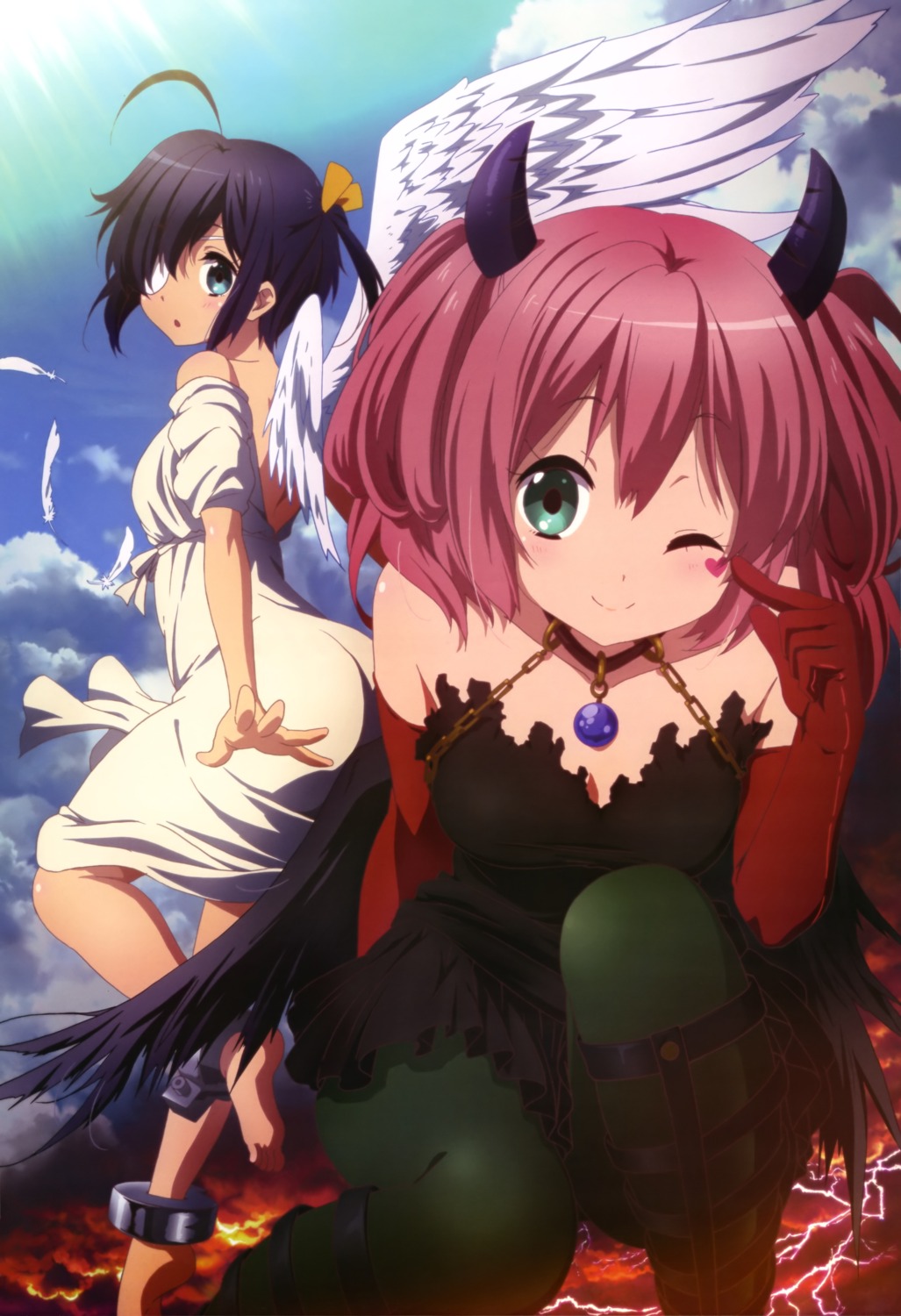 chuunibyou_demo_koi_ga_shitai!, dress, eyepatch, horns, ikeda_kazumi, shichimiya_satone, takanashi_rikka, wings