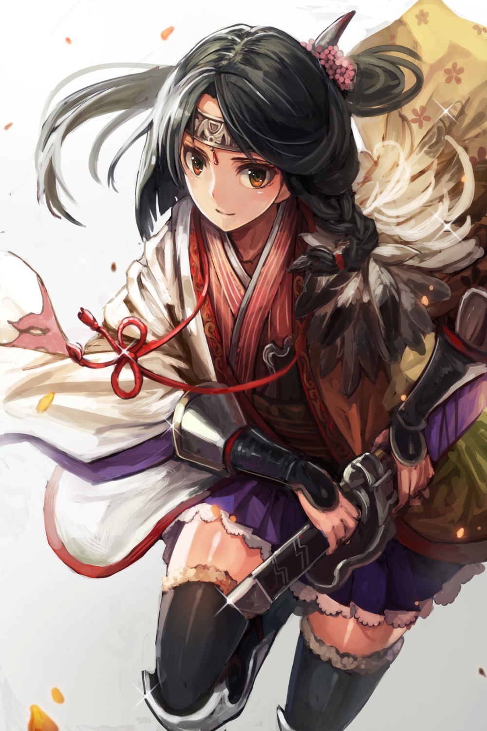 armor, japanese_clothes, matsumoto_mitsuaki, sword, thighhighs, toukiden