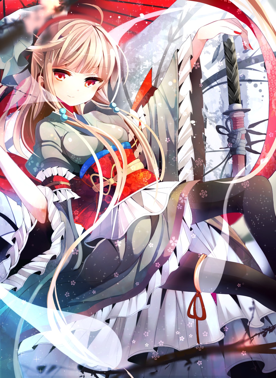 fumiko_(miruyuana), pantyhose, saigyouji_yuyuko, sword, touhou