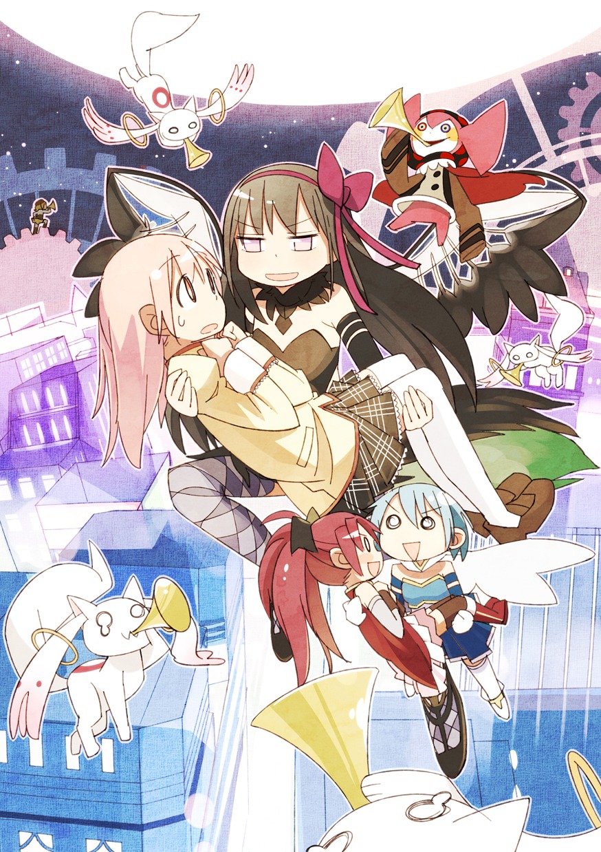 akemi_homura, charlotte_(madomagi), kaname_madoka, kyubey, mahou_shoujo_madoka_magica, miki_sayaka, sakura_kyouko, seifuku