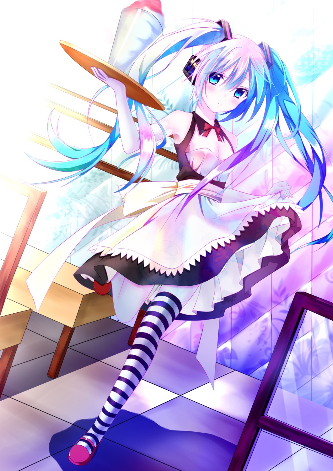 hatsune_miku, skirt_lift, thighhighs, tianya_beiming, vocaloid, waitress