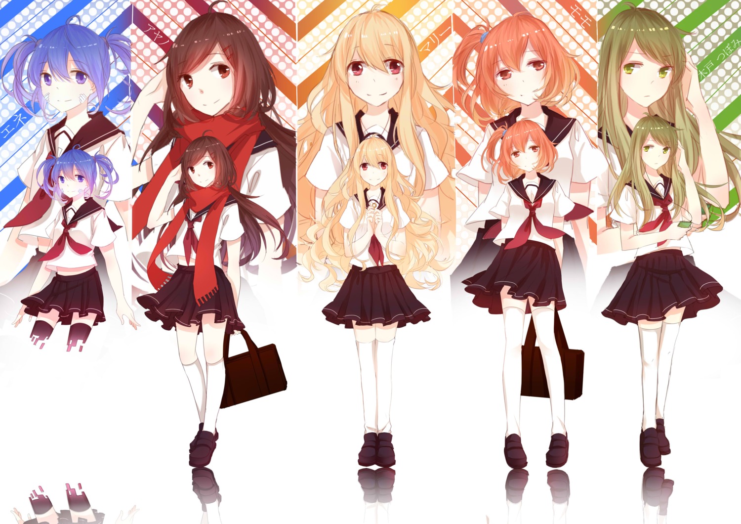 enomoto_takane, kagerou_project, kan_yong, kido_tsubomi, kisaragi_momo, kozakura_mary, seifuku, tateyama_ayano, thighhighs