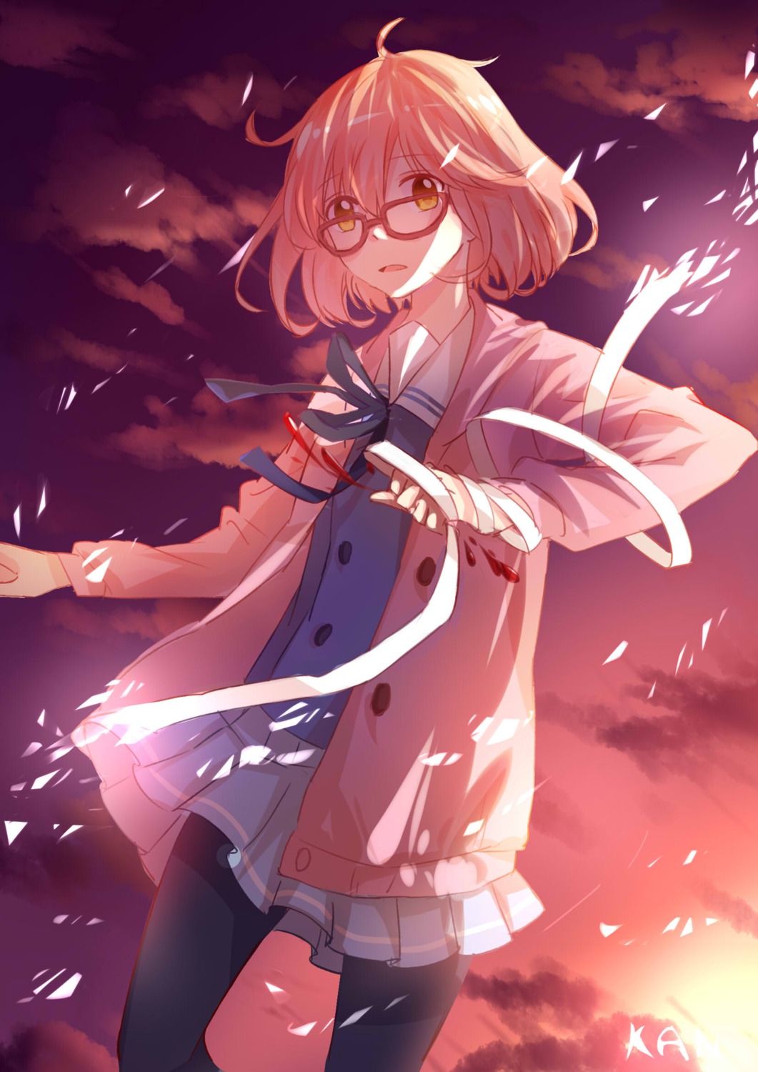 bandages, blood, kan_yong, kuriyama_mirai, kyoukai_no_kanata, megane, pantyhose, seifuku