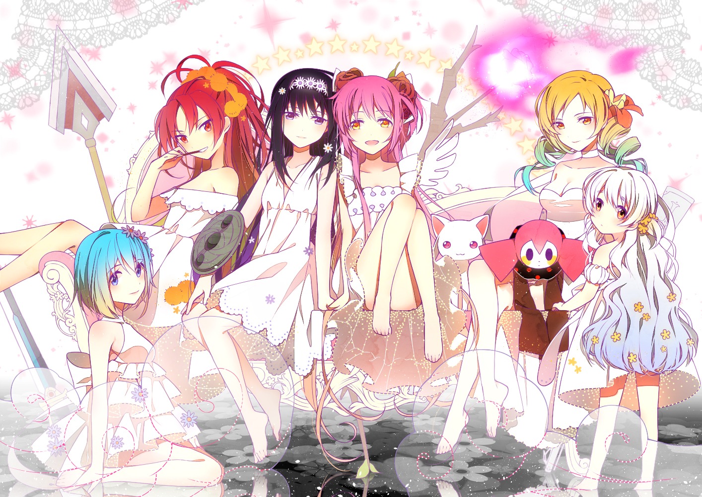 akemi_homura, charlotte_(madomagi), cleavage, dress, hakusai_(tiahszld), kaname_madoka, kyubey, mahou_shoujo_madoka_magica