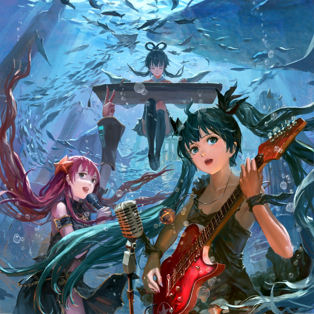 dress, guitar, hatsune_miku, luo_tianyi, megurine_luka, nanairono_kaigashi, vocaloid