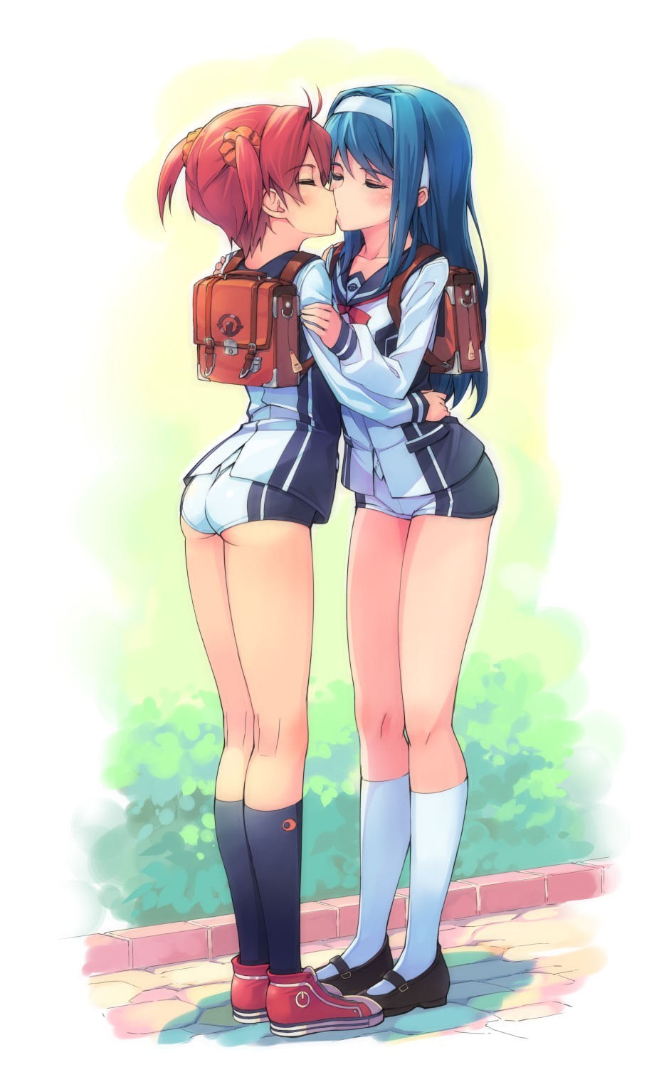 ass, futaba_aoi_(vividred_operation), isshiki_akane, michairu., seifuku, vividred_operation, yuri