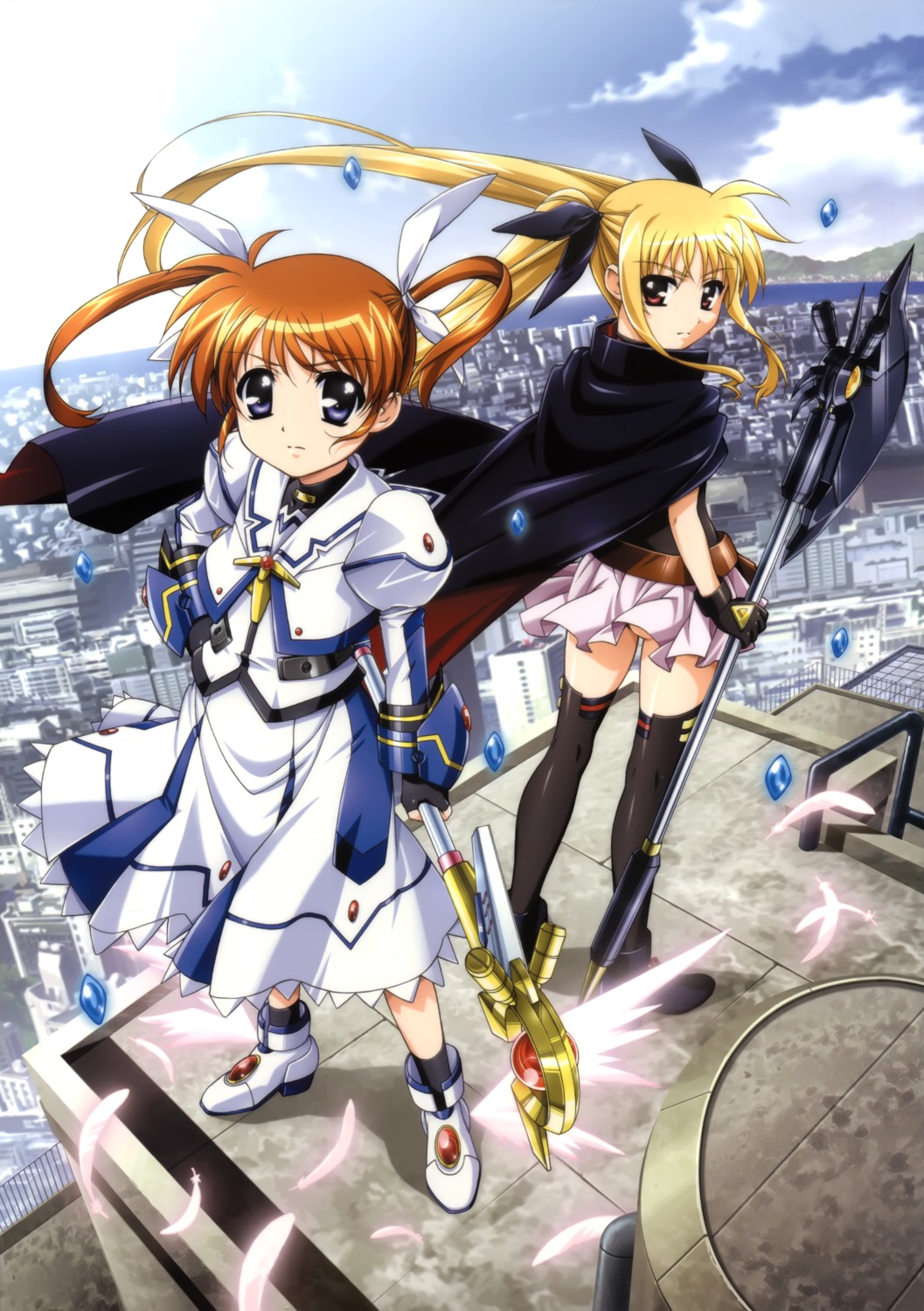 fate_testarossa, leotard, mahou_shoujo_lyrical_nanoha, okuda_yasuhiro, takamachi_nanoha, thighhighs, weapon