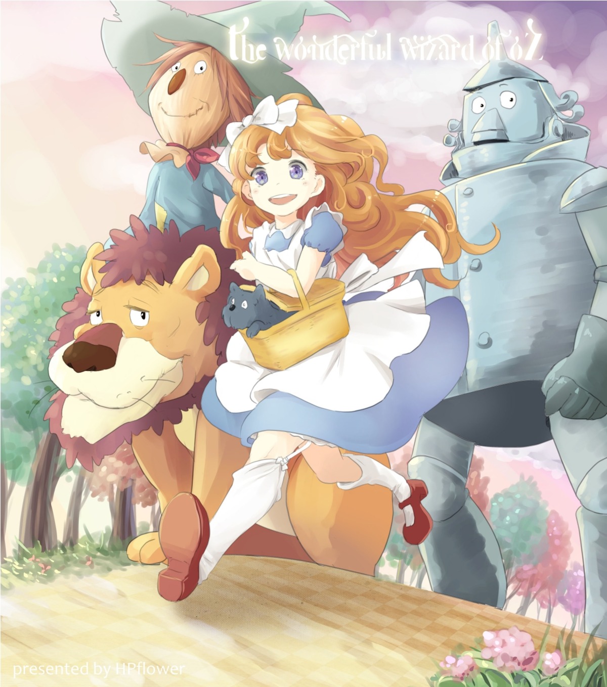 cowardly_lion, dorothy_gale, dress, hpflower, scarecrow, stockings, the_wizard_of_oz, thighhighs