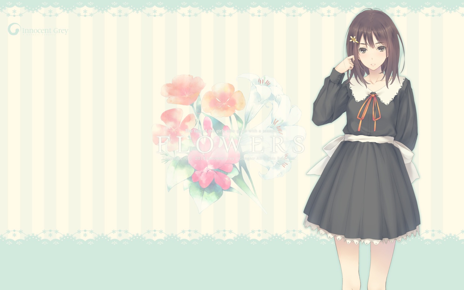 flowers, innocent_grey, kousaka_mayuri, seifuku, sugina_miki, wallpaper