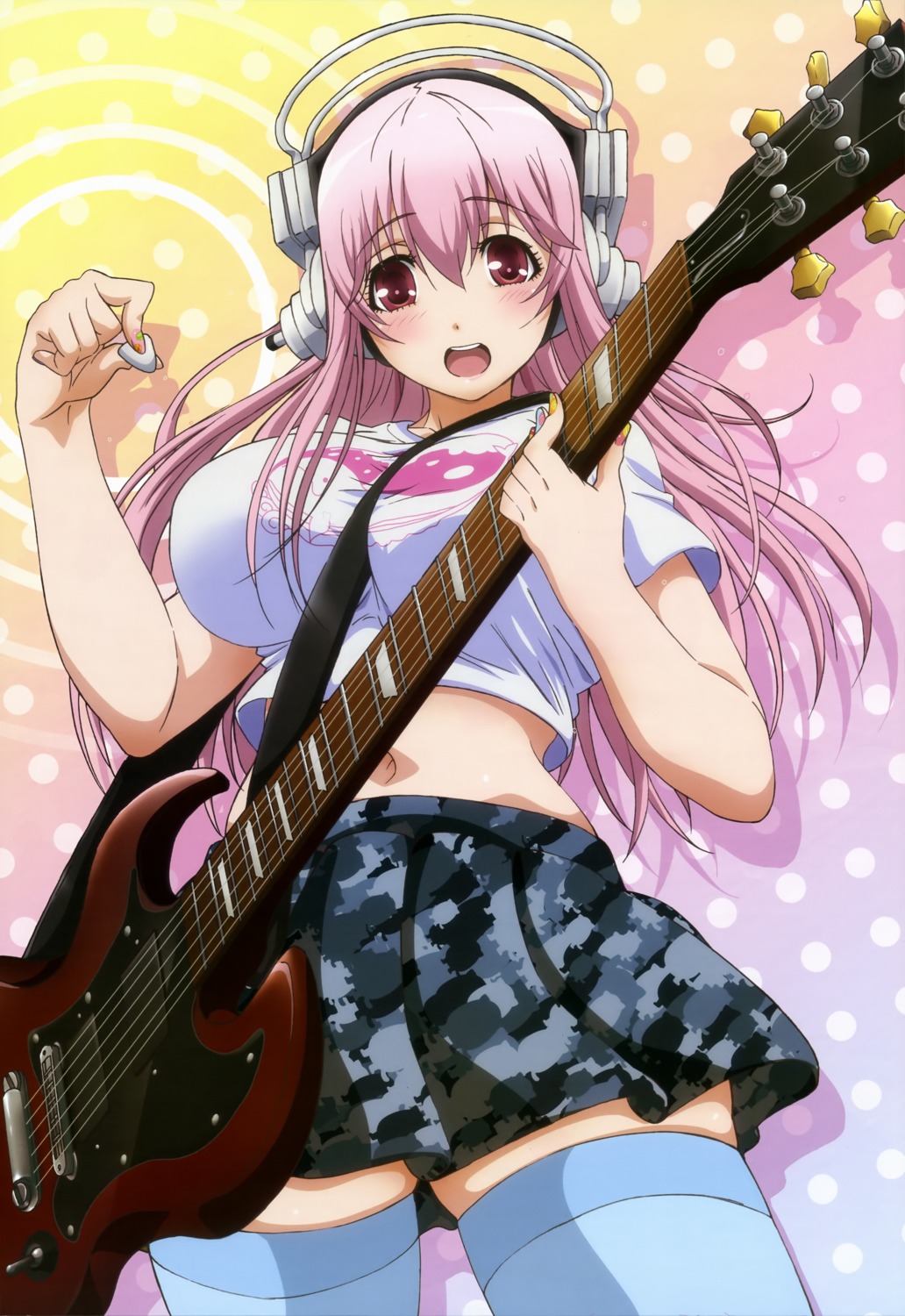 guitar, headphones, sonico, super_sonico, tamura_masafumi, thighhighs