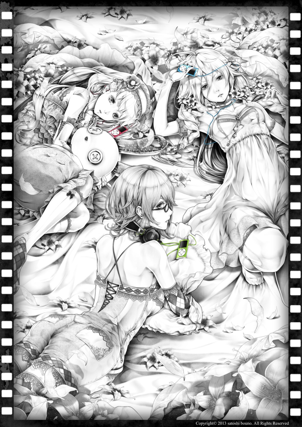 bouno_satoshi, dress, gumi, headphones, ia_(vocaloid), mayu_(vocaloid), megane, monochrome