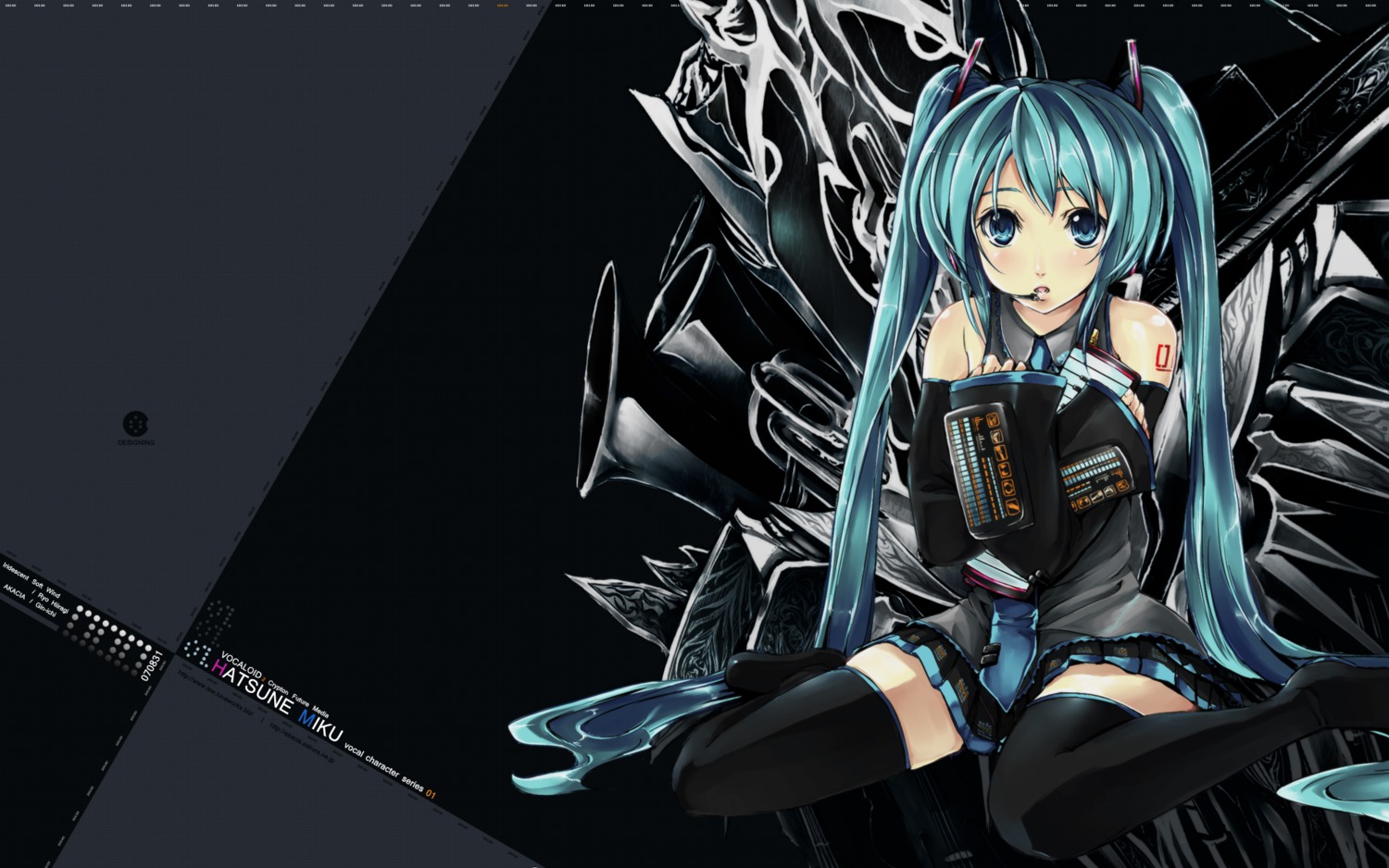 akacia, ginichi, hatsune_miku, tattoo, thighhighs, vocaloid, wallpaper