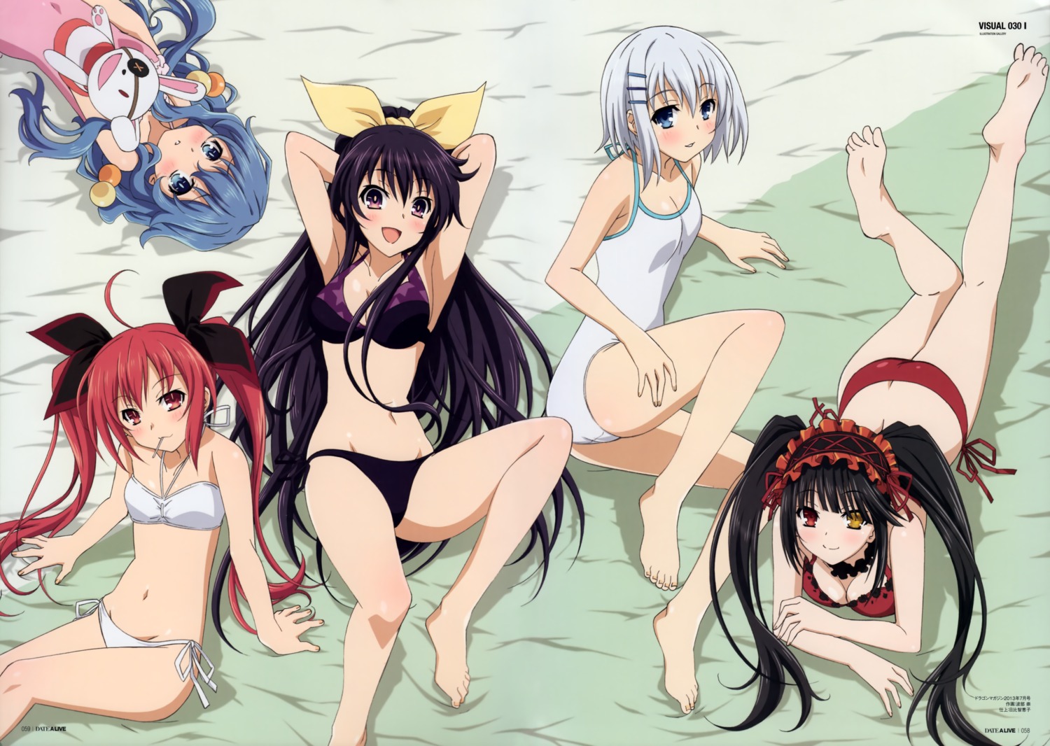 bikini, cleavage, date_a_live, feet, habe_takashi, heterochromia, himekawa_yoshino, itsuka_kotori, swimsuits, tobiichi_origami, tokisaki_kurumi, yatogami_tooka