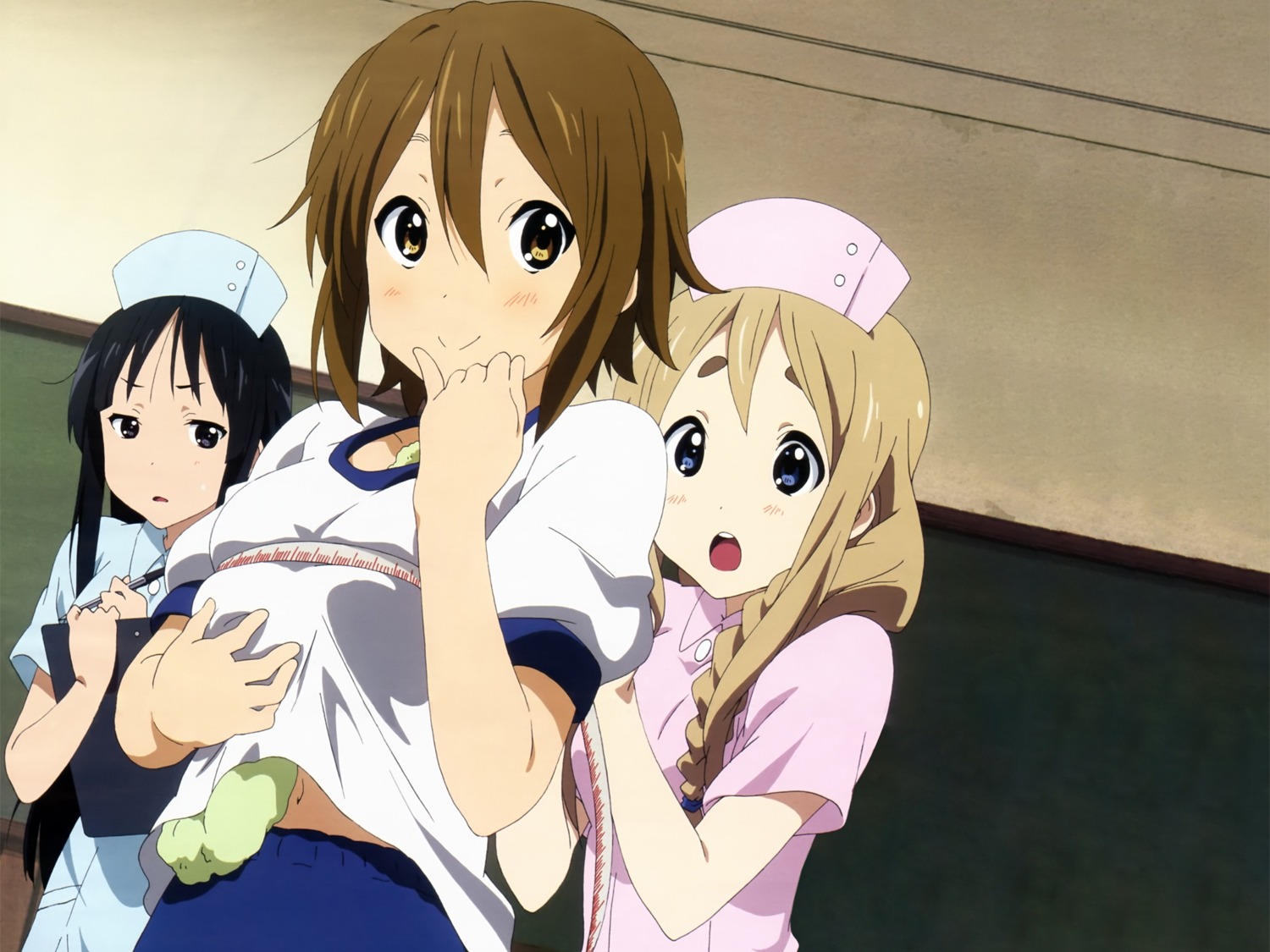 akiyama_mio, gym_uniform, k-on!, kotobuki_tsumugi, nurse, sakamoto_kazuya, tainaka_ritsu