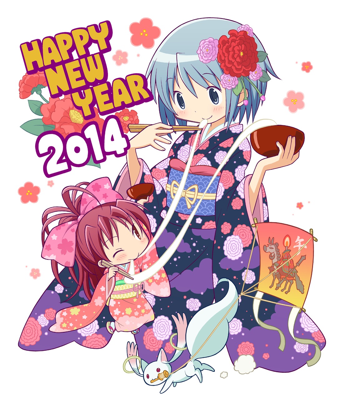 chibi, gecchu, kimono, kyubey, mahou_shoujo_madoka_magica, miki_sayaka, sakura_kyouko