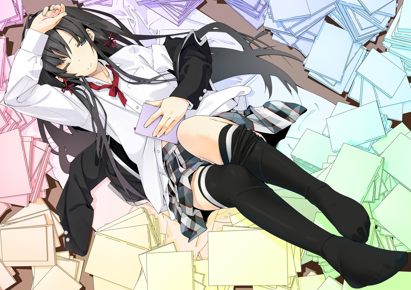 iwasaki_takashi, seifuku, thighhighs, yahari_ore_no_seishun_lovecome_wa_machigatteiru., yukinoshita_yukino