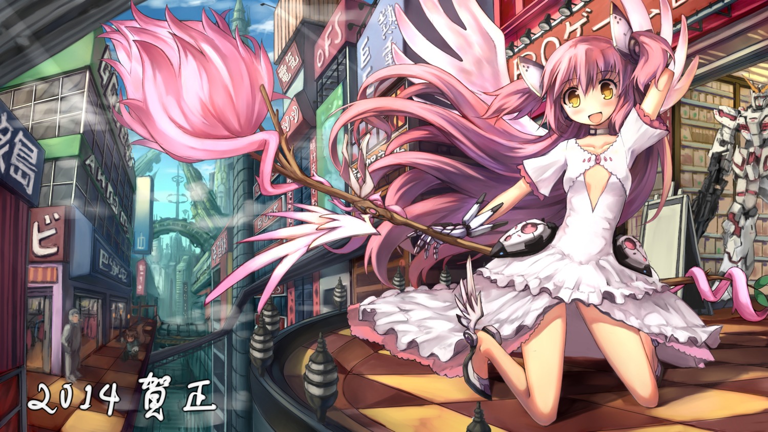 gundam, hoshi_no_gen, kaname_madoka, mahou_shoujo_madoka_magica, mecha, thighhighs, ultimate_madoka, weapon