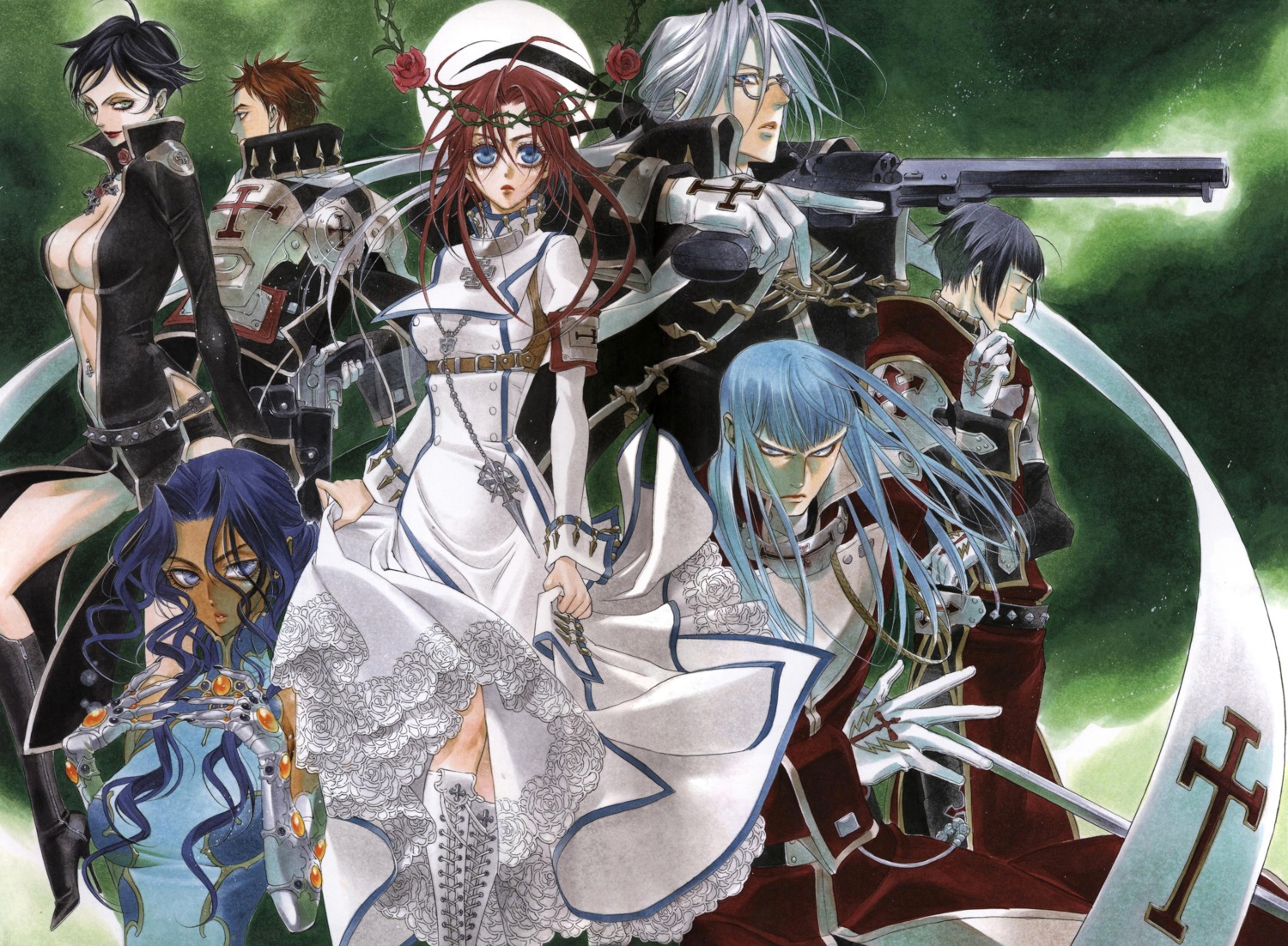 cleavage, dress, gun, megane, thores_shibamoto, trinity_blood