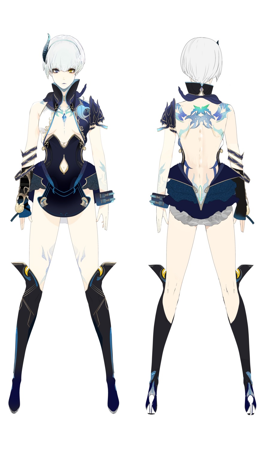 deception_iv:_the_nightmare_princess, dress, heterochromia, horns, kagerou:_darkside_princess, koei_tecmo, laegrinna, maeda_hirotaka, no_bra, open_shirt, thighhighs, underboob