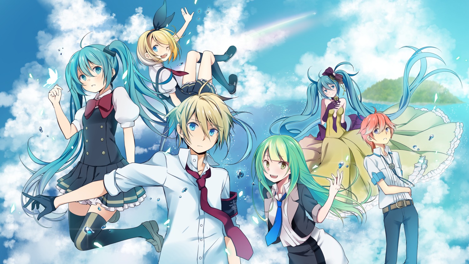 dress, hatsune_miku, kagamine_len, kagamine_rin, seifuku, thighhighs, vocaloid, wogura