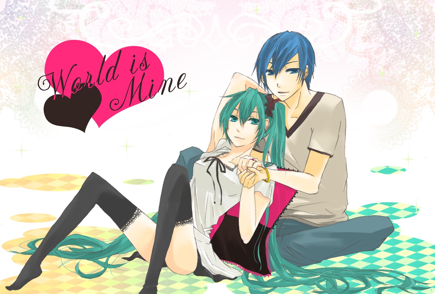 hatsune_miku, kaito, potako, thighhighs, vocaloid, world_is_mine_(vocaloid)