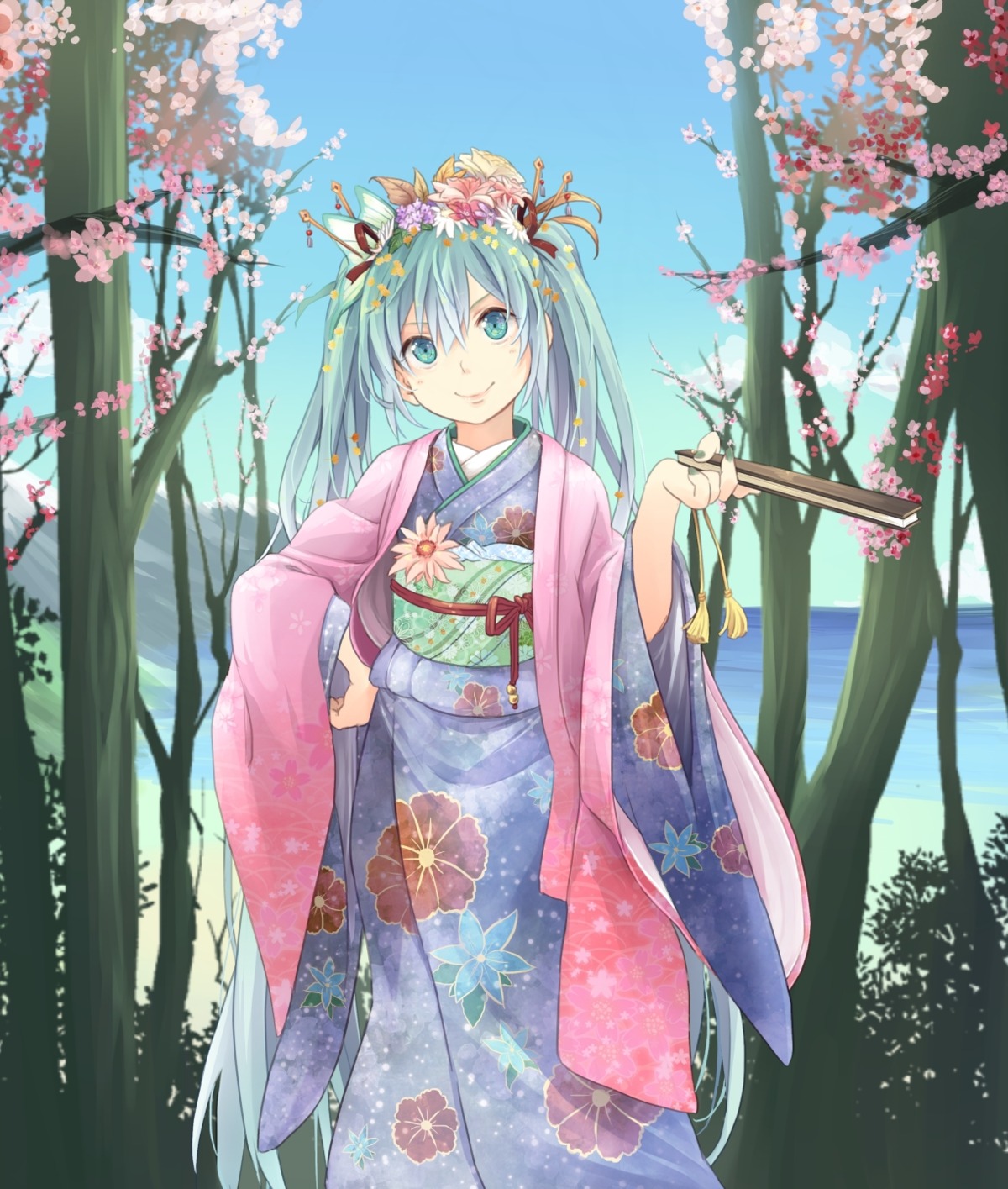 hatsune_miku, hpflower, kimono, vocaloid
