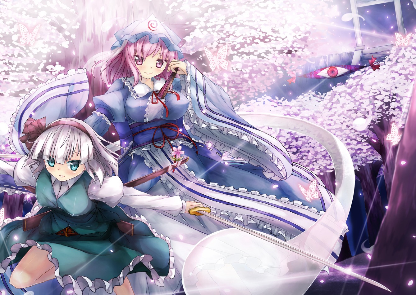 90i, konpaku_youmu, saigyouji_yuyuko, sword, touhou, yakumo_yukari