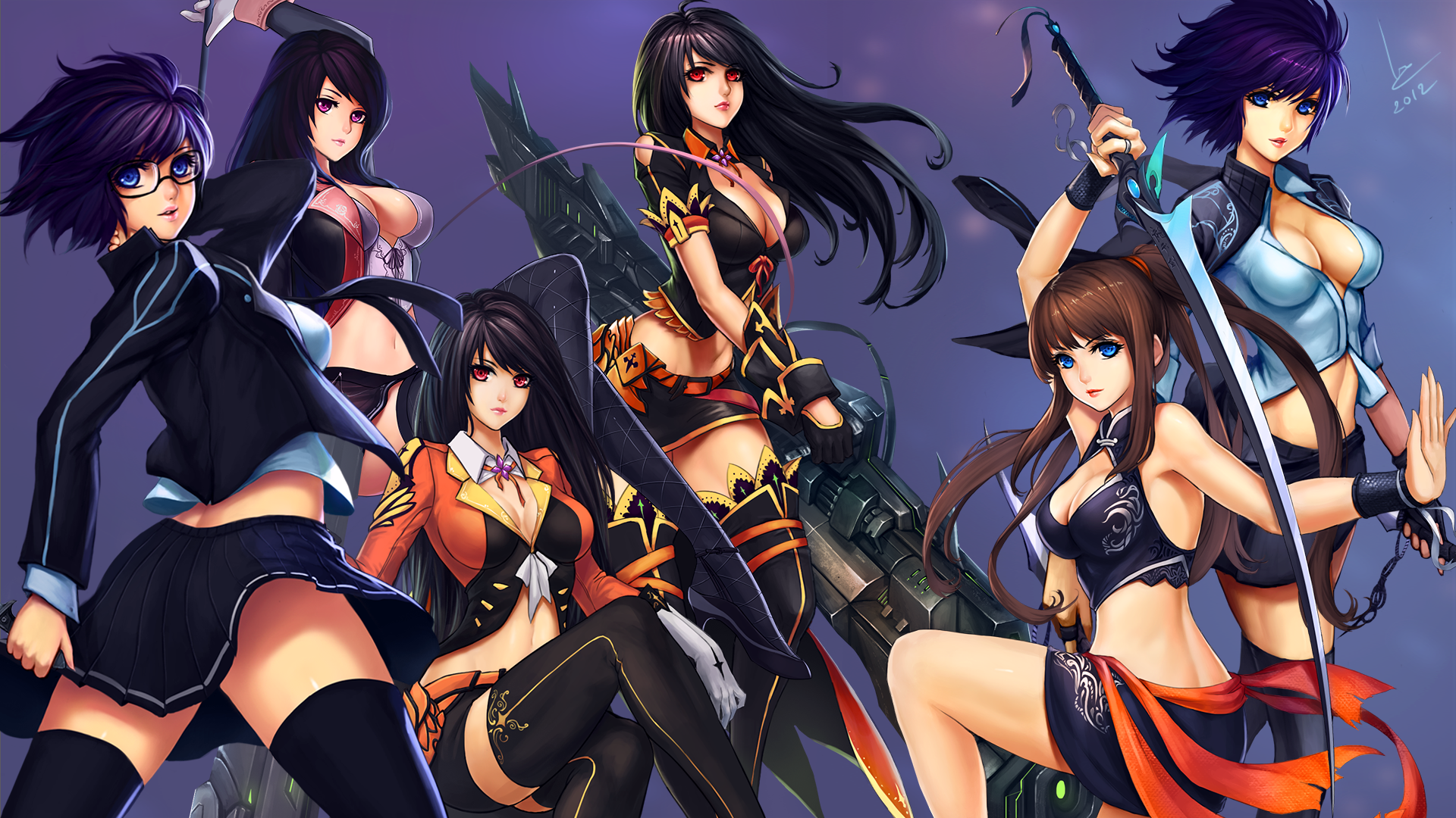 chaosringen, cleavage, gun, seifuku, sword, thighhighs