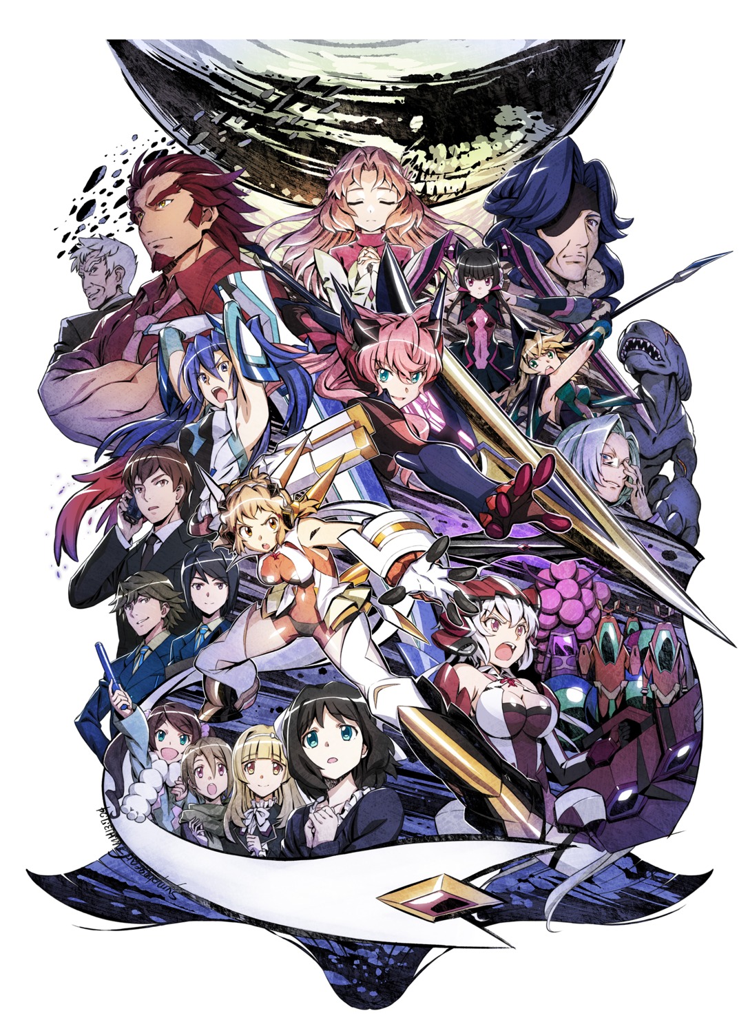 akatsuki_kirika, armor, bodysuit, gun, kazanari_genjuurou, kazanari_tsubasa, kohinata_miku, maria_cadenzavuna_eve, murakami_hisashi, senki_zesshou_symphogear, senki_zesshou_symphogear_g, sword, tachibana_hibiki, tsukuyomi_shirabe, weapon, yukine_chris